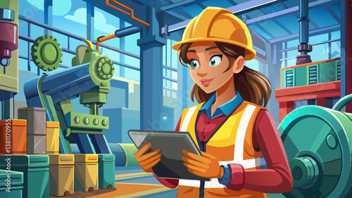 Professional Heavy Industry Engineer/Worker Wearing Safety Uniform and Hard Hat Uses Tablet Computer. Serious Successful Female Industrial Specialist Walking in a Metal Manufacture