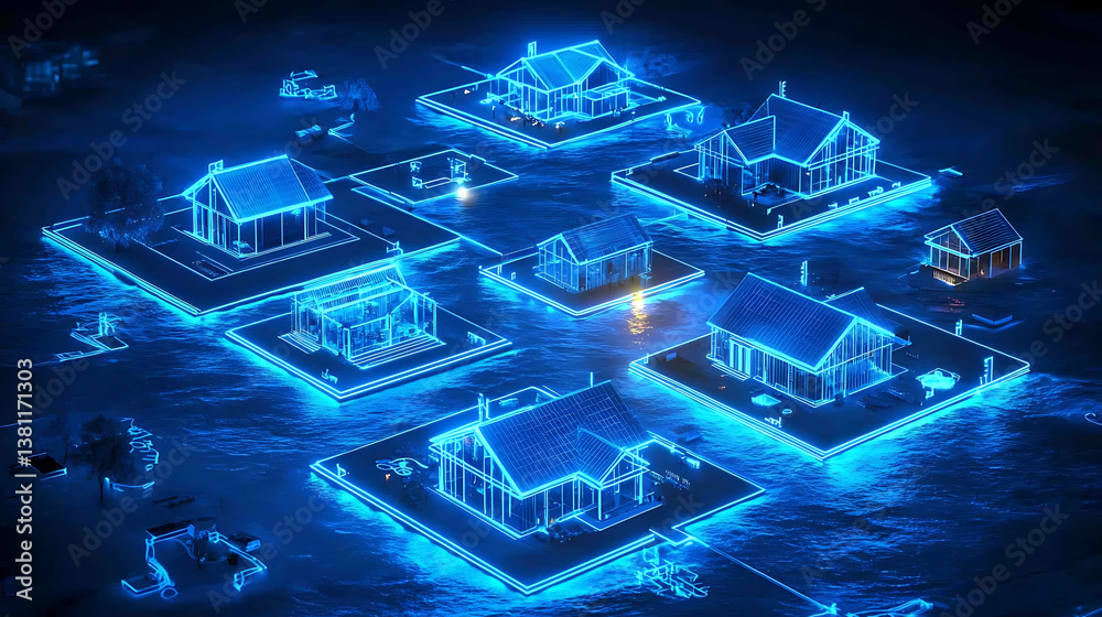Fototapeta premium Glowing blue wireframe houses float on small islands in a digital ocean creating a futuristic architectural display..