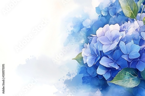 Serene blue hydrangeas blossoming in a soft watercolor dream, painted with delicate brushstrokes and a light, airy feel. photo