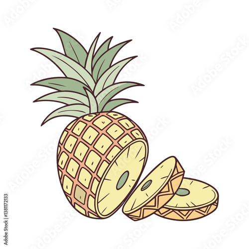 Pineapple. Illustration of pineapple fruit with isolated cartoon style on white. summer fruits, for a healthy and natural life, Vector illustration.