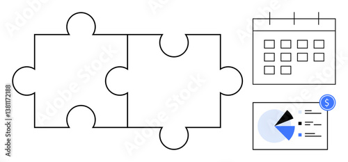 Interconnected puzzle pieces next to a calendar and financial chart highlight teamwork, planning, and analysis. Ideal for strategy, scheduling, organization, finance, productivity, problem-solving