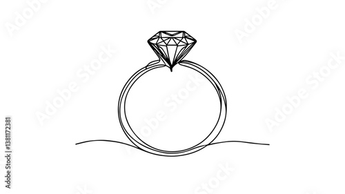 illustration of realistic wedding ring with encrusted diamond using one continuous line