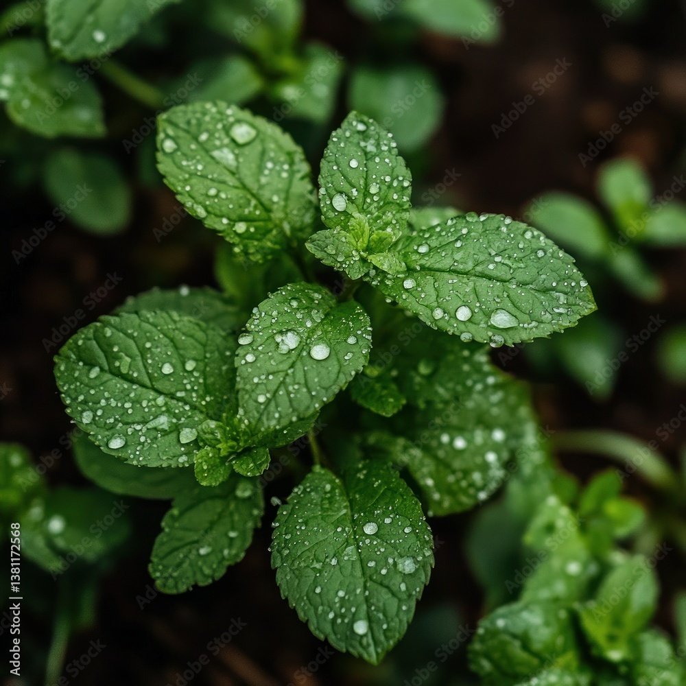 Refreshing Dewdrops on Lush Mint Leaves Refreshing Dewdrops on Lush Mint Leaves
