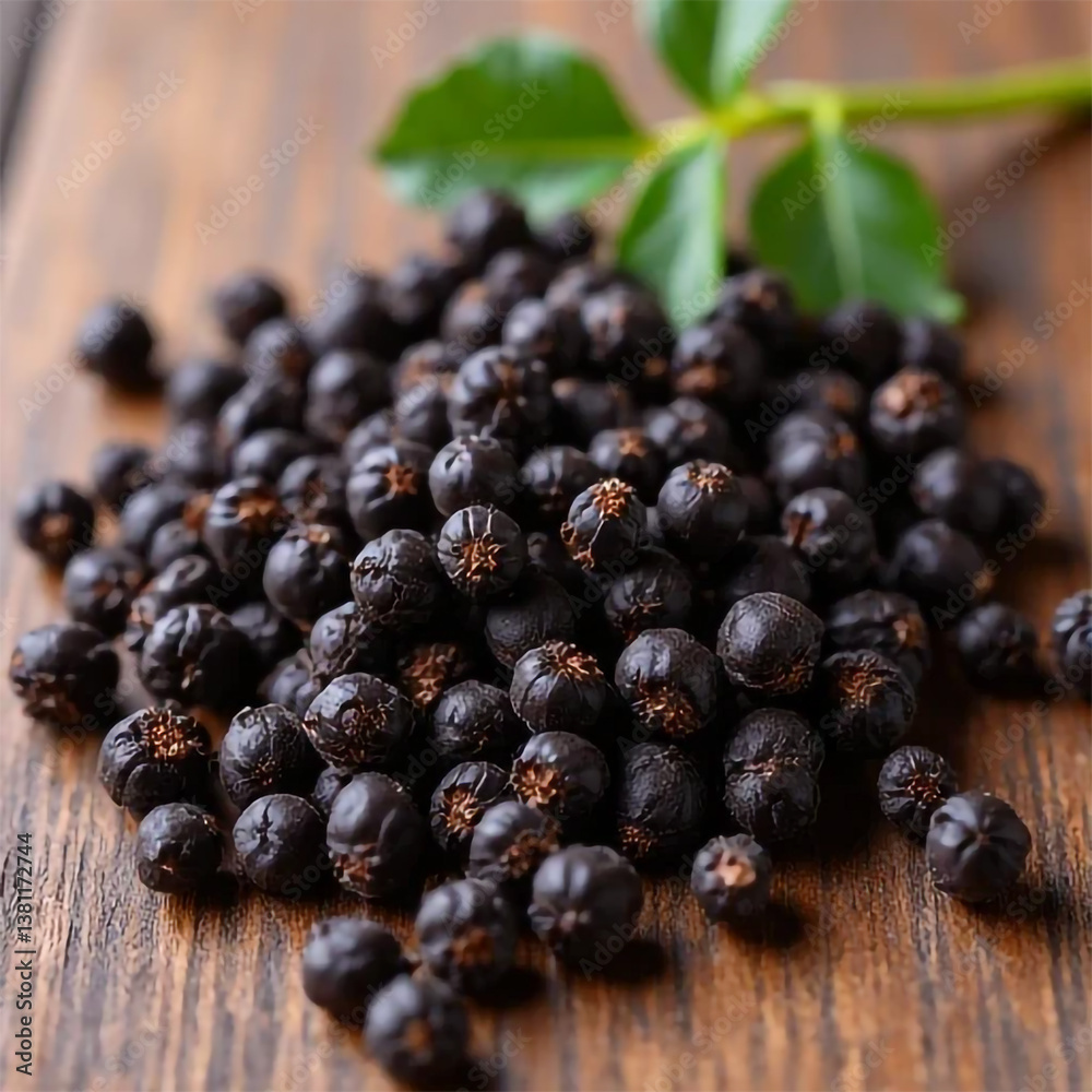 Juniper Berries on Rustic Wooden Surface Juniper Berries on Rustic Wooden Surface
