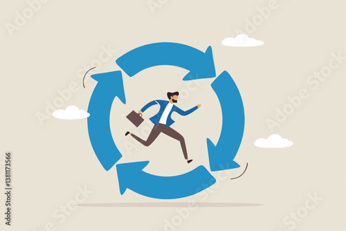 Working habit, life cycle or daily routine behavior, agile development, discipline or working efficiency, procedure or process to success concept, businessman running on habit circle arrow diagram.