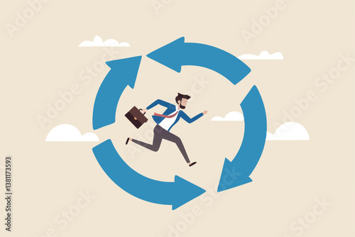 Working habit, life cycle or daily routine behavior, agile development, discipline or working efficiency, procedure or process to success concept, businessman running on habit circle arrow diagram.