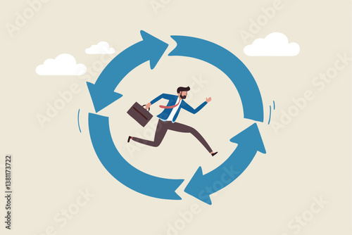 Working habit, life cycle or daily routine behavior, agile development, discipline or working efficiency, procedure or process to success concept, businessman running on habit circle arrow diagram.