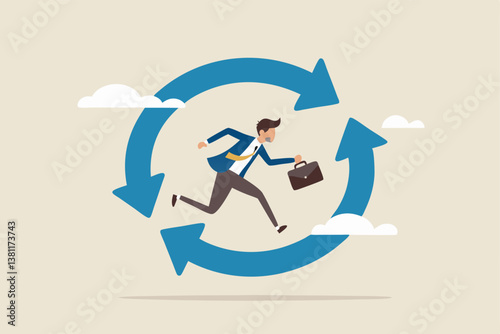 Working habit, life cycle or daily routine behavior, agile development, discipline or working efficiency, procedure or process to success concept, businessman running on habit circle arrow diagram.
