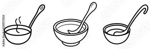 Ladle of Soup Outline Coloring Book Page Line Art Drawing Set