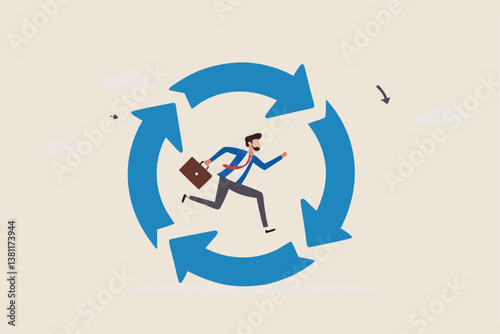 Working habit, life cycle or daily routine behavior, agile development, discipline or working efficiency, procedure or process to success concept, businessman running on habit circle arrow diagram.