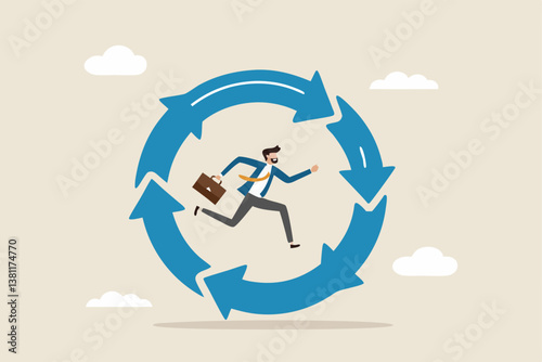 Working habit, life cycle or daily routine behavior, agile development, discipline or working efficiency, procedure or process to success concept, businessman running on habit circle arrow diagram.
