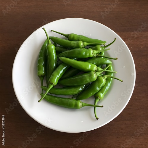 green chillies on white plate isolated on wooden desk