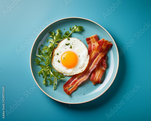 A tasty breakfast consisting of fresh greens, bacon, and a sunny-side-up egg on a pastel blue dish. Food is arranged simply against a colorful backdrop.