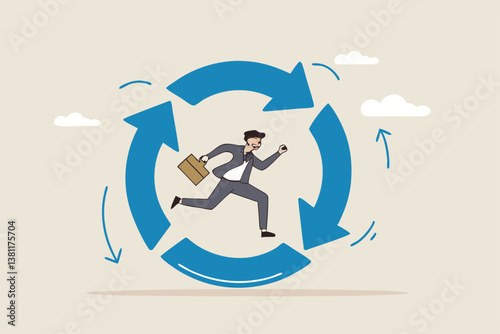 Working habit, life cycle or daily routine behavior, agile development, discipline or working efficiency, procedure or process to success concept, businessman running on habit circle arrow diagram.