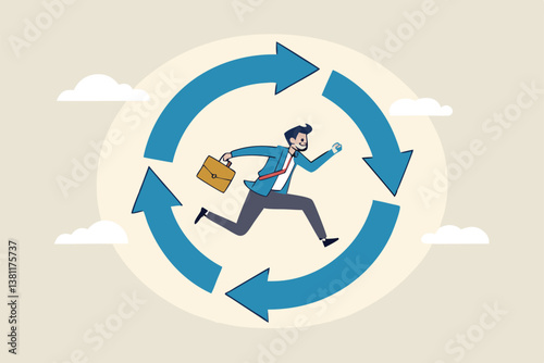 Working habit, life cycle or daily routine behavior, agile development, discipline or working efficiency, procedure or process to success concept, businessman running on habit circle arrow diagram.