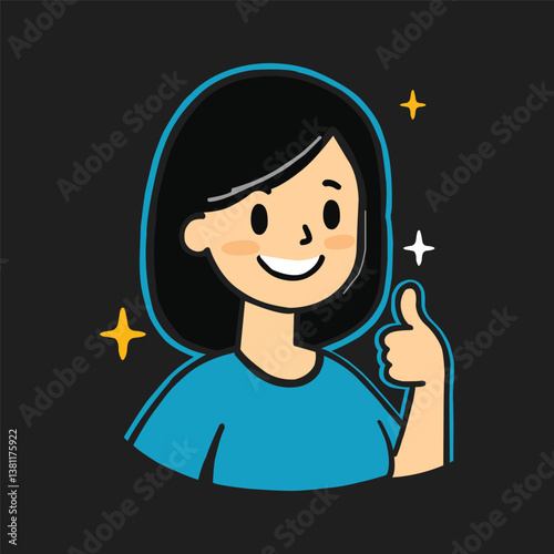 Cheerful Thumbs-Up Cartoon: Vibrant Blue Shirt Character on Black Background with Sparkling Details