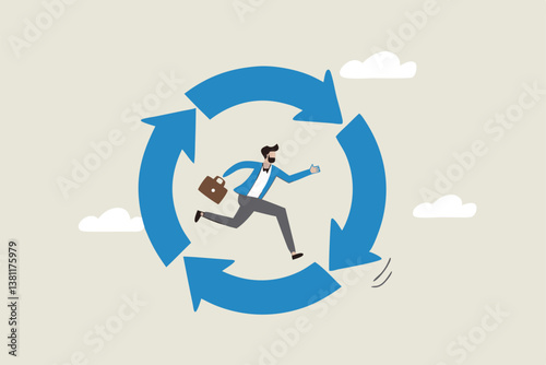Working habit, life cycle or daily routine behavior, agile development, discipline or working efficiency, procedure or process to success concept, businessman running on habit circle arrow diagram.