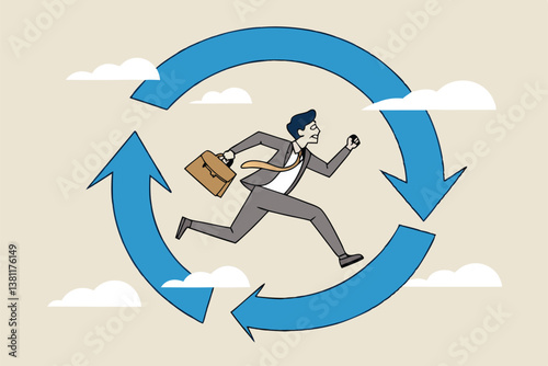 Working habit, life cycle or daily routine behavior, agile development, discipline or working efficiency, procedure or process to success concept, businessman running on habit circle arrow diagram.
