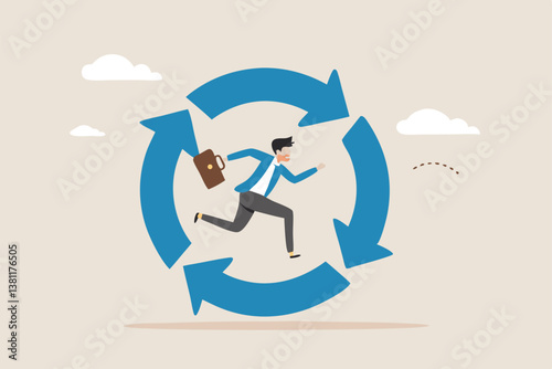Working habit, life cycle or daily routine behavior, agile development, discipline or working efficiency, procedure or process to success concept, businessman running on habit circle arrow diagram.