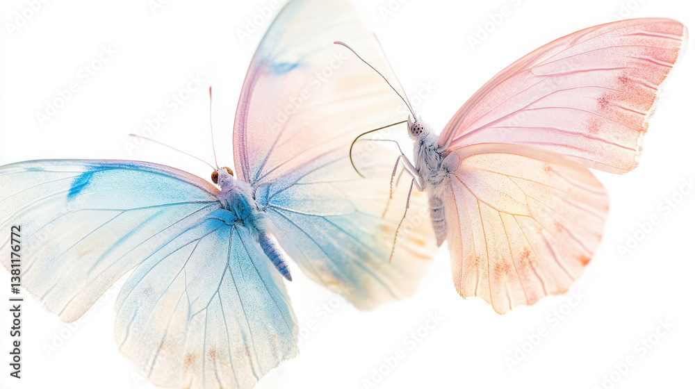 Fototapeta premium Soft focus pastel butterflies create magical and dreamy atmosphere, showcasing delicate wings in shades of blue and pink. Their ethereal beauty captivates viewer imagination