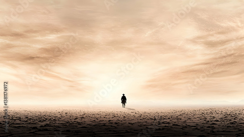 Solitary Figure Walking in a Vast Desert at Sunset
