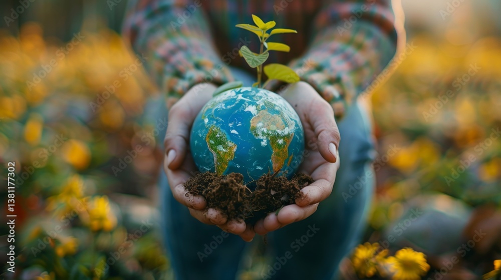 Hands cradling a small globe with new plant growth, symbolizing hope for the planet and environmental sustainability Hands cradling a small globe with new plant growth, symbolizing hope for the planet and environmental sustainability