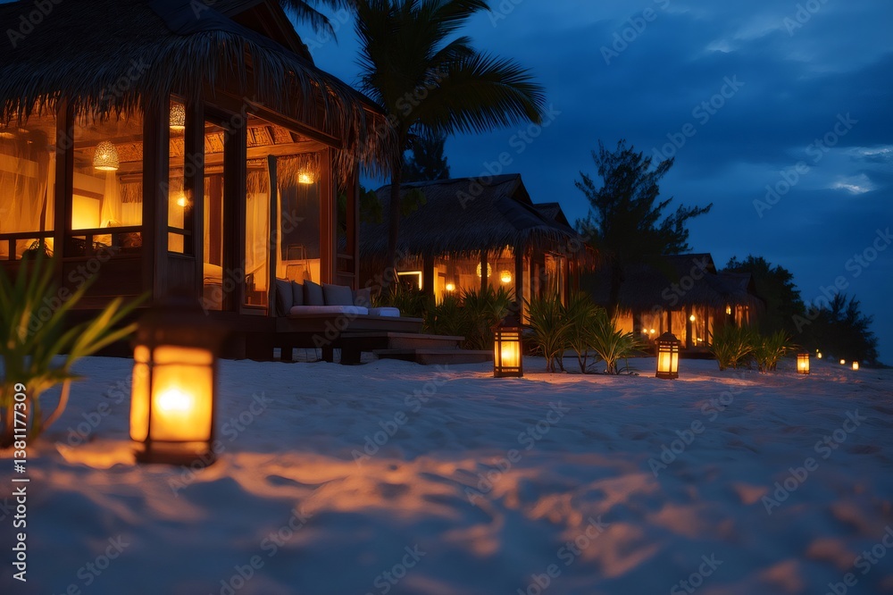 Lanterns creating a magical atmosphere on the beach, illuminating cabanas in a tropical resort at night Lanterns creating a magical atmosphere on the beach, illuminating cabanas in a tropical resort at night