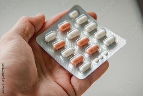 Close-up of white and orange capsules in blister pack held by caucasian adult hand