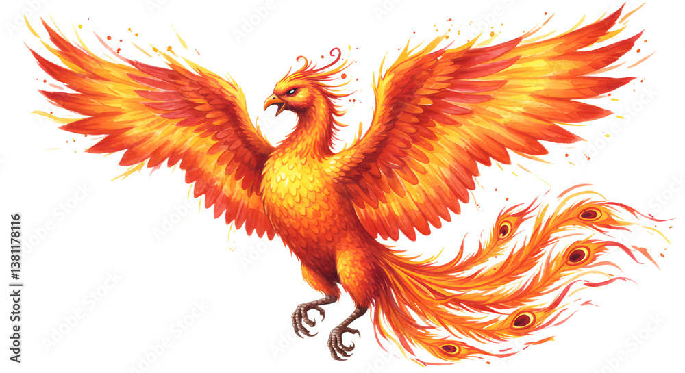 Phoenix Bird Illustration Spreading Wings with Fiery Feathers on White Phoenix Bird Illustration Spreading Wings with Fiery Feathers on White