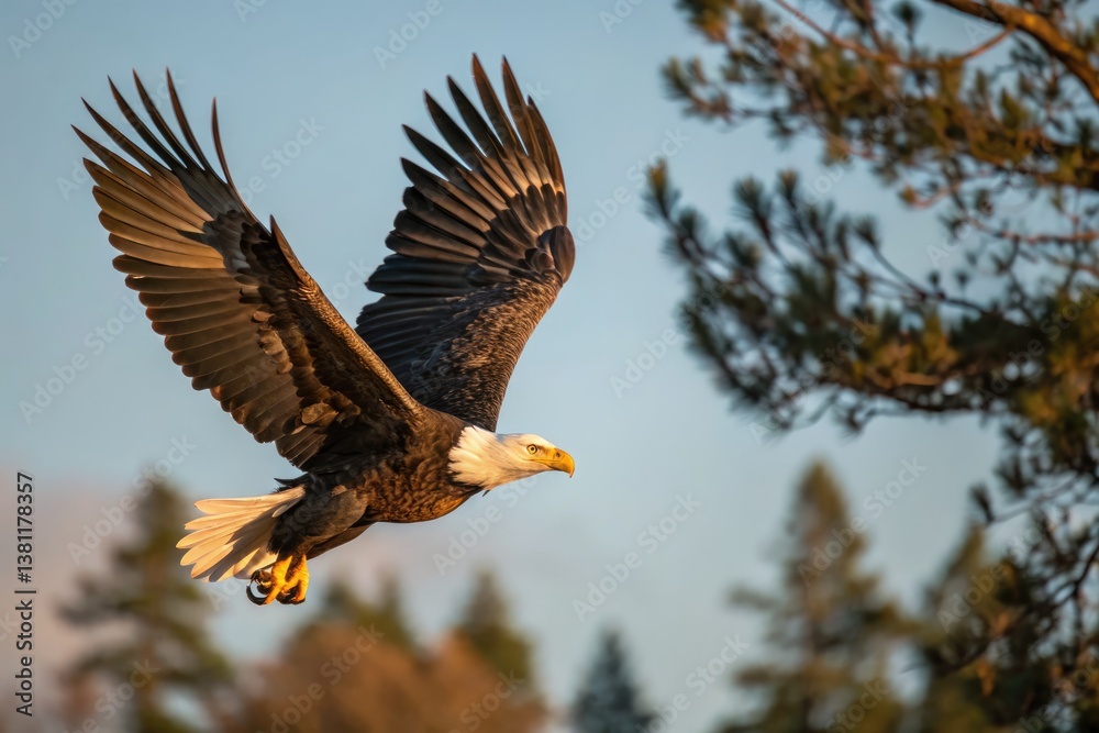 Obraz premium Majestic bald eagle soars through the clear sky above a serene forest landscape at sunset