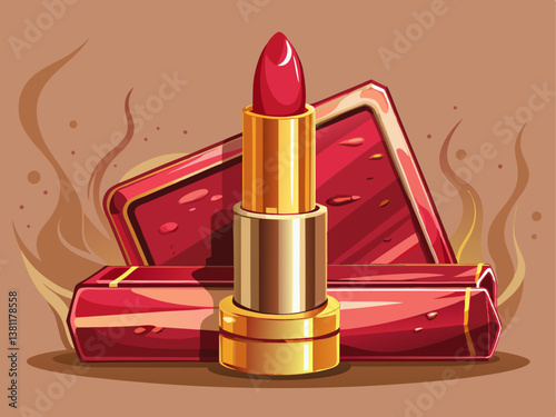 A high-quality lipstick in a luxurious golden case with a deep red shade, placed on a soft dusty pink background.