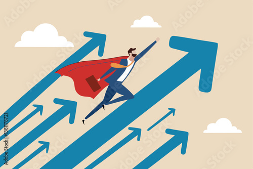 Growth or growing business forward to success, effort to drive growth or career success, economic or work performance rising up, improvement concept, businessman superhero flying with rising arrow.