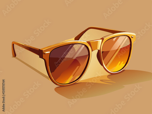A stylish pair of sunglasses with warm brown gradient lenses and a sleek gold frame, placed on a soft beige background.