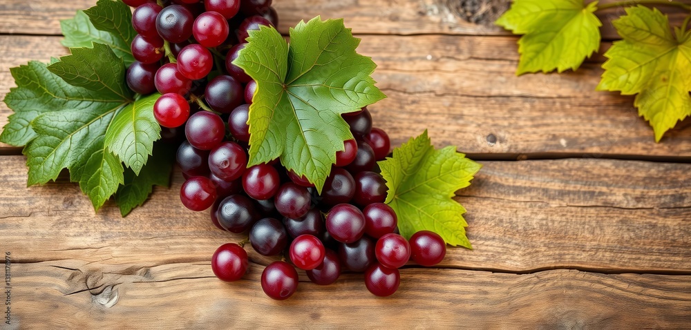 Fototapeta premium Elegant red wine composition; grapes, vine leaves on rustic wood, template, texture