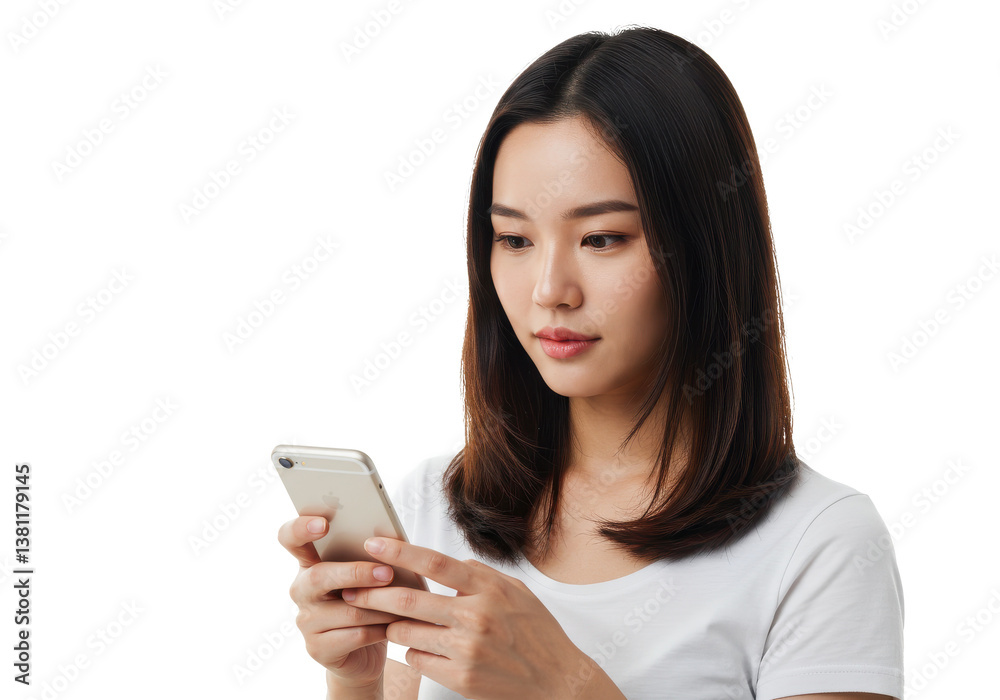 Woman with dark hair using a smartphone while wearing a white t shirt in front of a black background on transparent background Woman with dark hair using a smartphone while wearing a white t shirt in front of a black background on transparent background