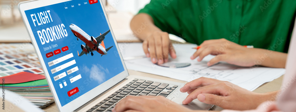 Online flight booking website provide brisk reservation system . Travel technology concept .