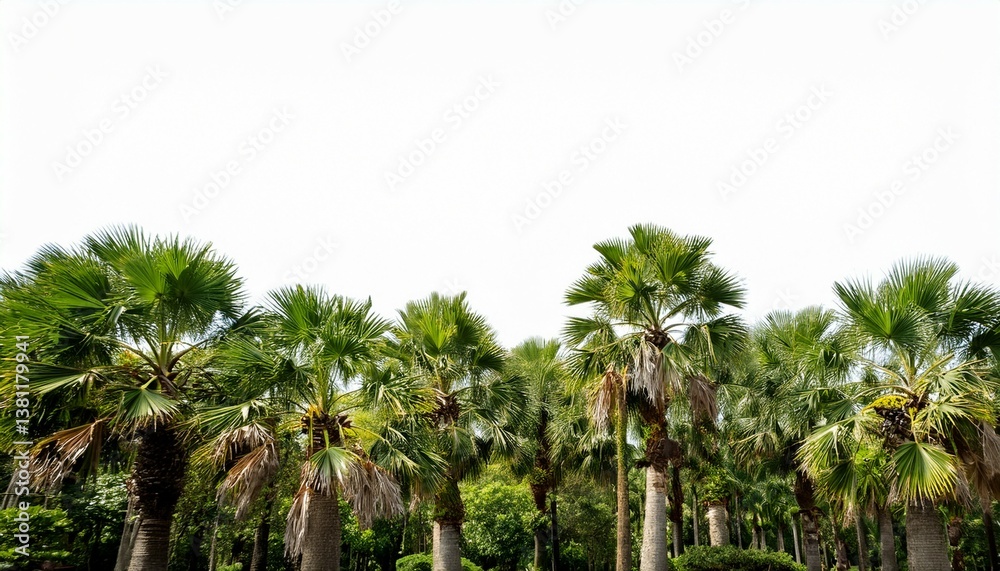 Fototapeta premium tree line lush green forest with palm trees and a white background