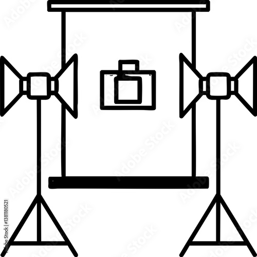 A minimalist illustration of studio equipment featuring two speakers on stands and a backdrop, ideal for photography or presentations.