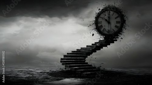 Surreal Monochrome Landscape with Disintegrating Clock and Staircase