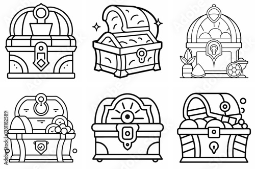 Treasure Vintage Scene Outline Coloring Book Page Line Art Drawing Set