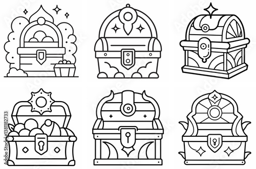 Treasure Vintage Scene Outline Coloring Book Page Line Art Drawing Set