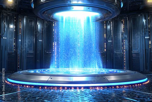 Futuristic Platform with Glowing Blue Light Beam in a Dark Room