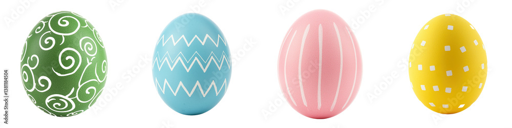 Four decorated Easter eggs with unique patterns. Four decorated Easter eggs with unique patterns.