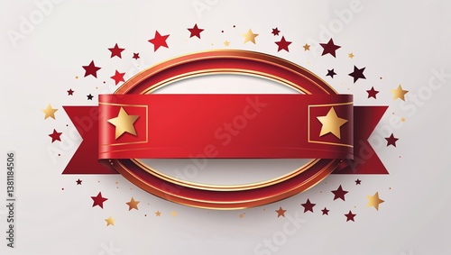 Red banner and oval frame with gold accents and stars, ideal for a customizable message