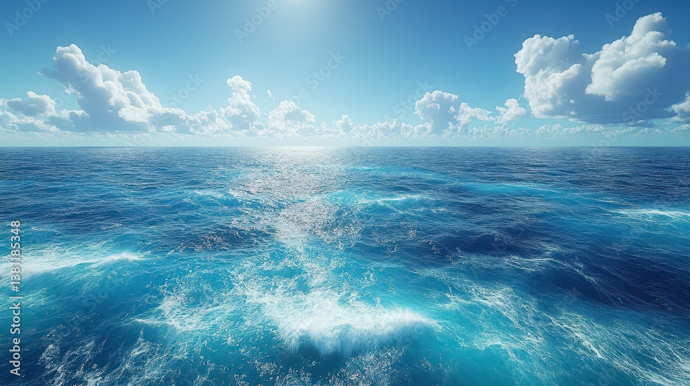 Fototapeta premium Azure ocean view. Sun sparkles on waves, white clouds dot the clear sky, horizon