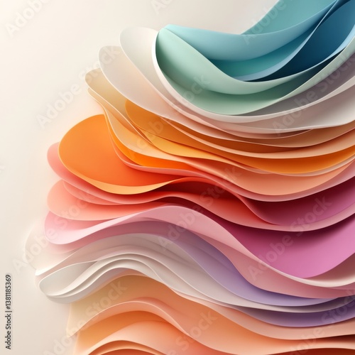 Colorful layered paper artwork featuring wavy designs in pastel shades