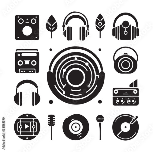 Headphone earphone silhouette black and white icon set vector and illustration design.