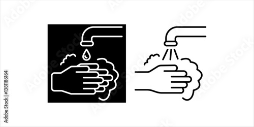 Icon of disease prevention protect. Vector sanitizer, antiseptic, antibacterial symbols. Healthcare wash hands with rinse water, tap, soap safety icon set.