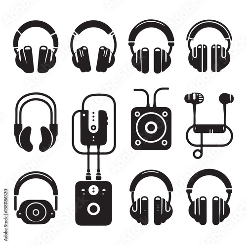 Headphone earphone silhouette black and white icon set vector and illustration design.