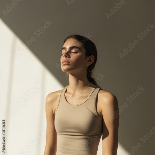 Young woman meditating peacefully against a soft background  